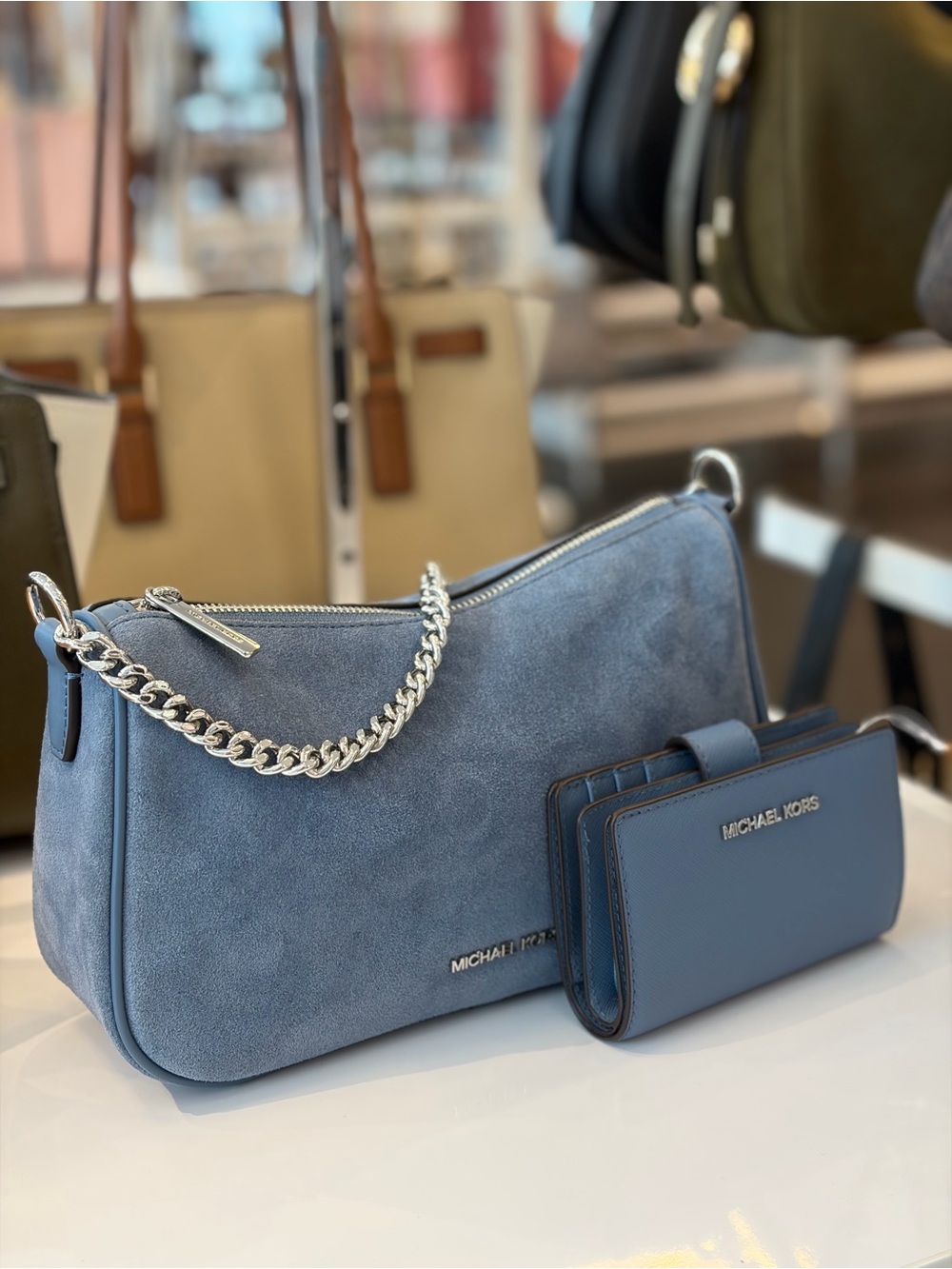 Michael Kors Dusty Blue Suede Shoulder Bag Crossbody with Matching Wallet